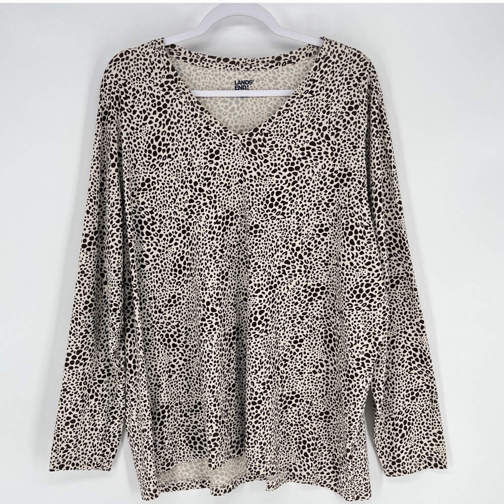 Lands End 2X Animal Print‎ V-Neck Long Sleeve Cotton Top Relaxed Fit
